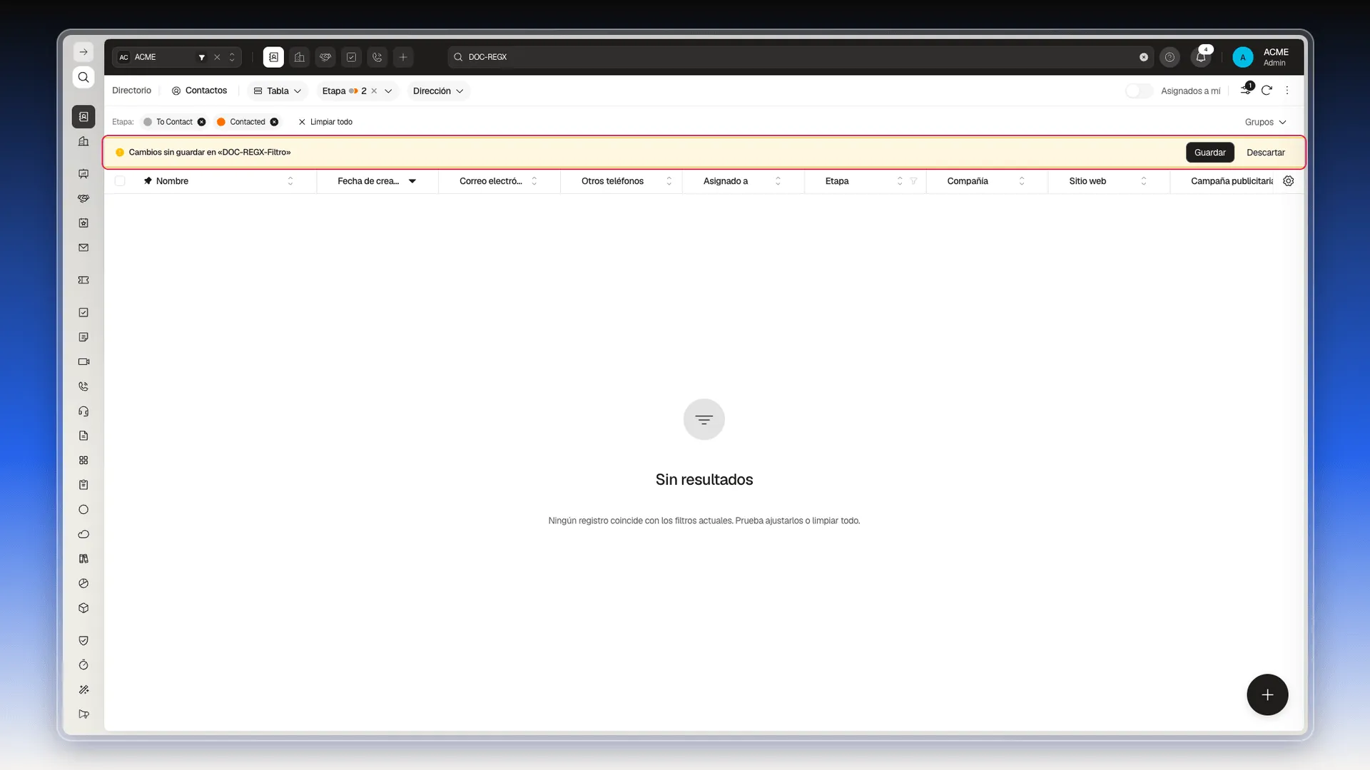 Aviso Cambios sin guardar en DOC-REGX-Filtro resaltado sobre la tabla, con los botones Guardar y Descartar
