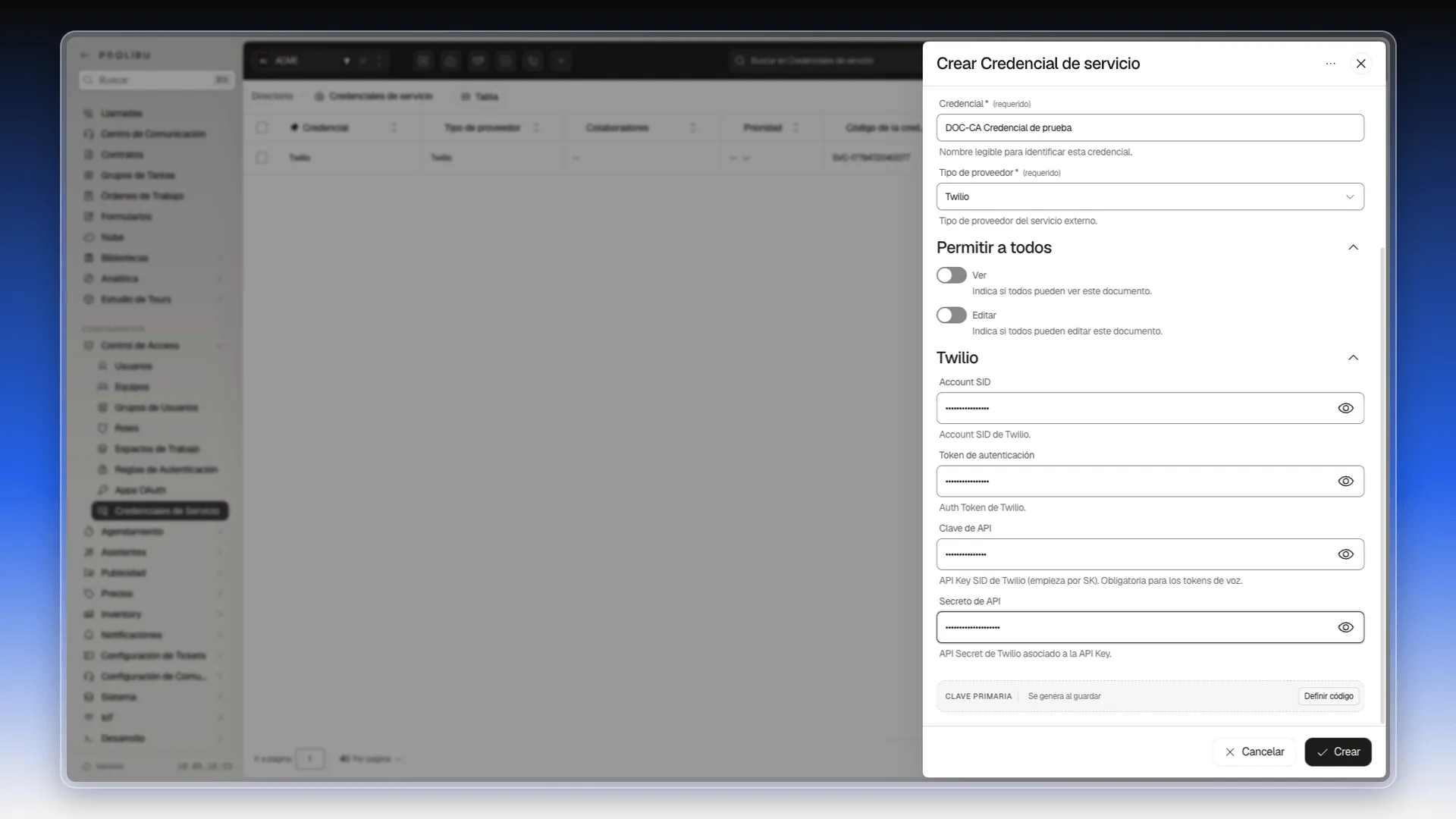 Sección Twilio del formulario con Account SID, Token de autenticación, Clave de API y Secreto de API rellenados y ocultos