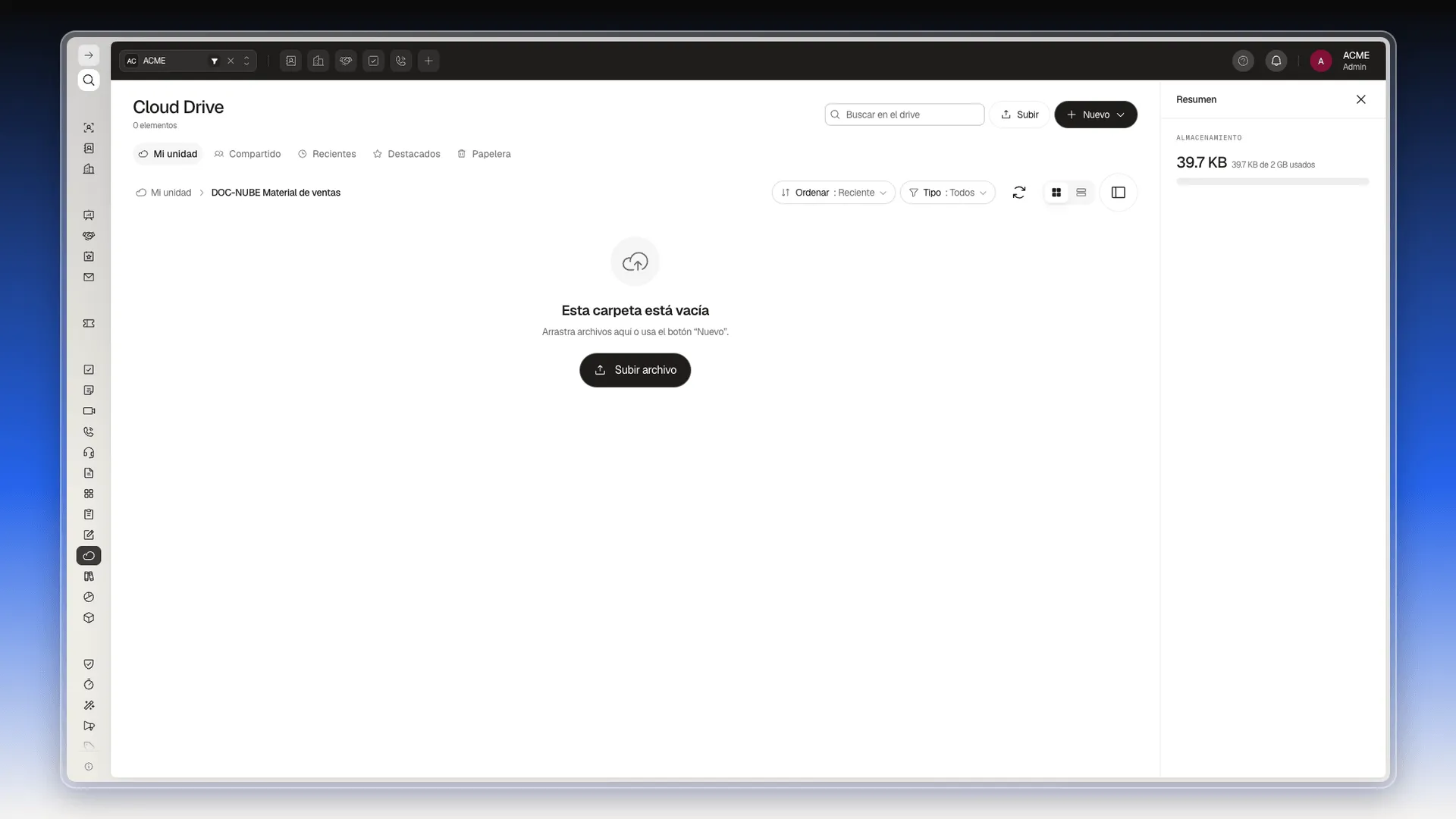Carpeta vacía con la ruta Mi unidad › DOC-NUBE Material de ventas, el texto Esta carpeta está vacía y el botón Subir archivo