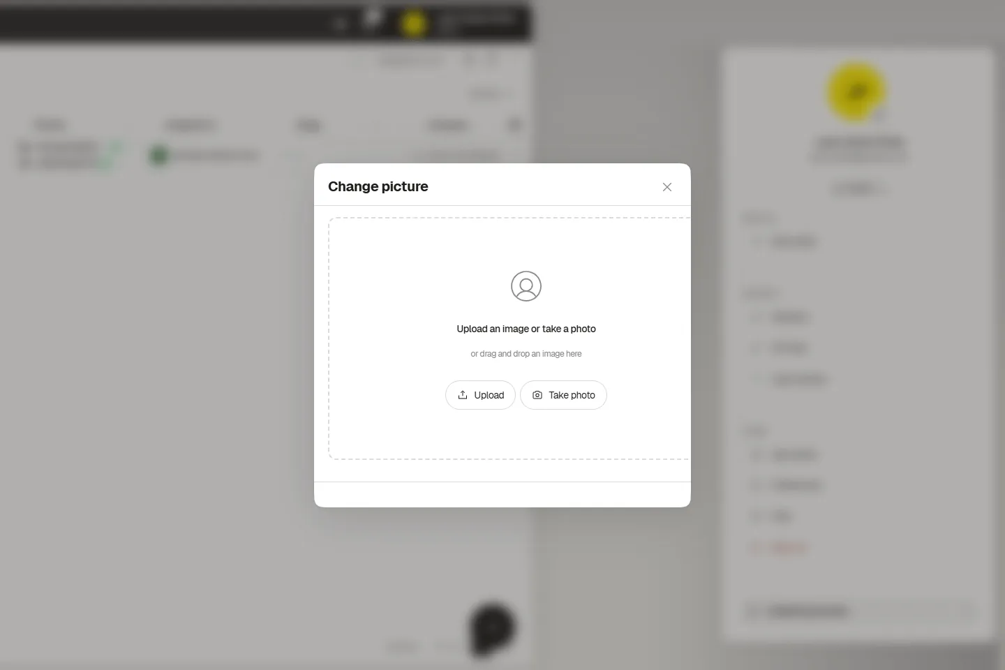 Change photo dialog with the Upload and Take photo options