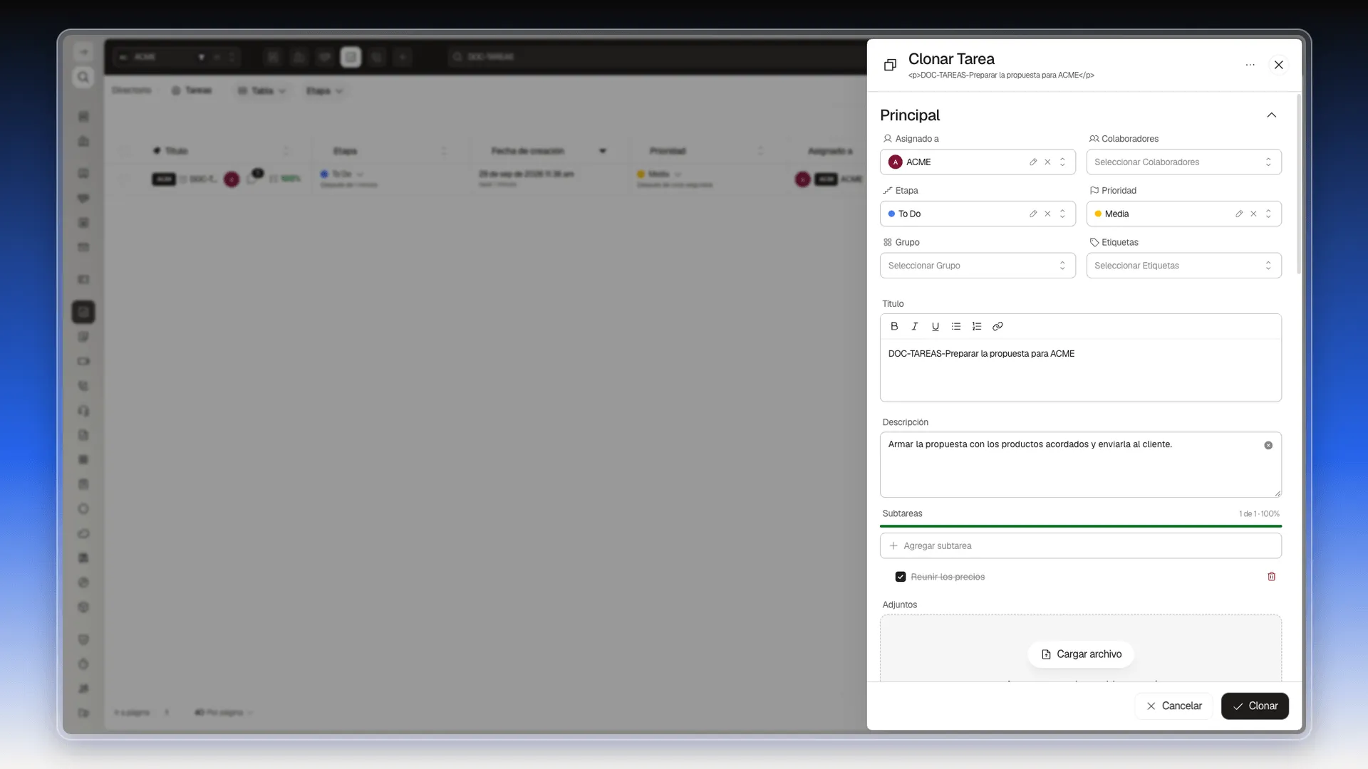 Panel Clonar Tarea con los datos de la tarea original y el botón Clonar