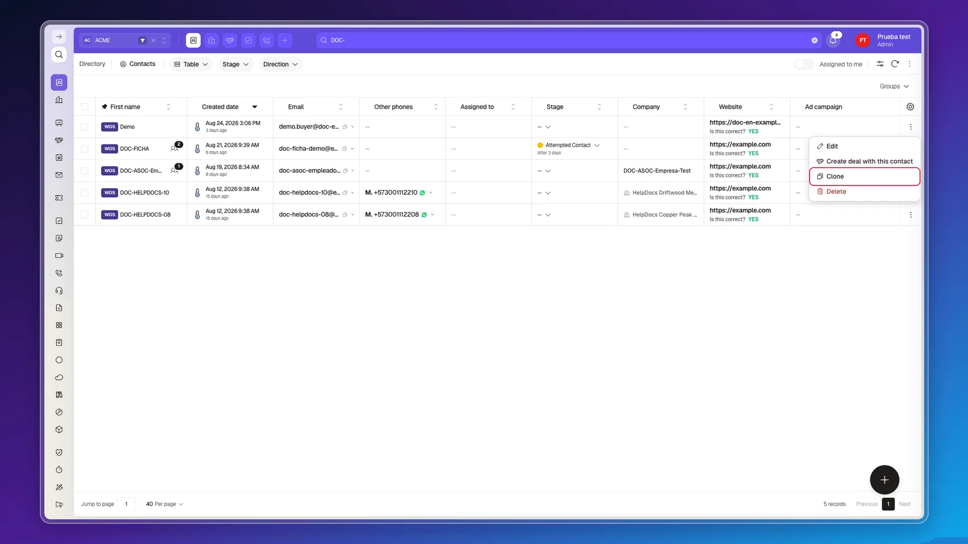 Contacts row three-dot menu with the Clone action highlighted