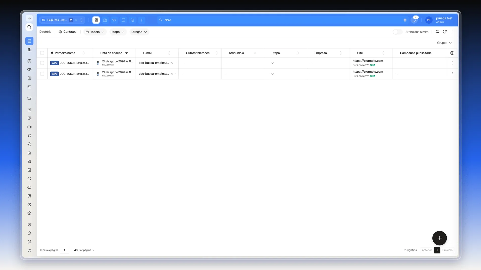 Pesquisa por "plead", com a tabela reduzida a dois contatos cujo e-mail contém "empleado"