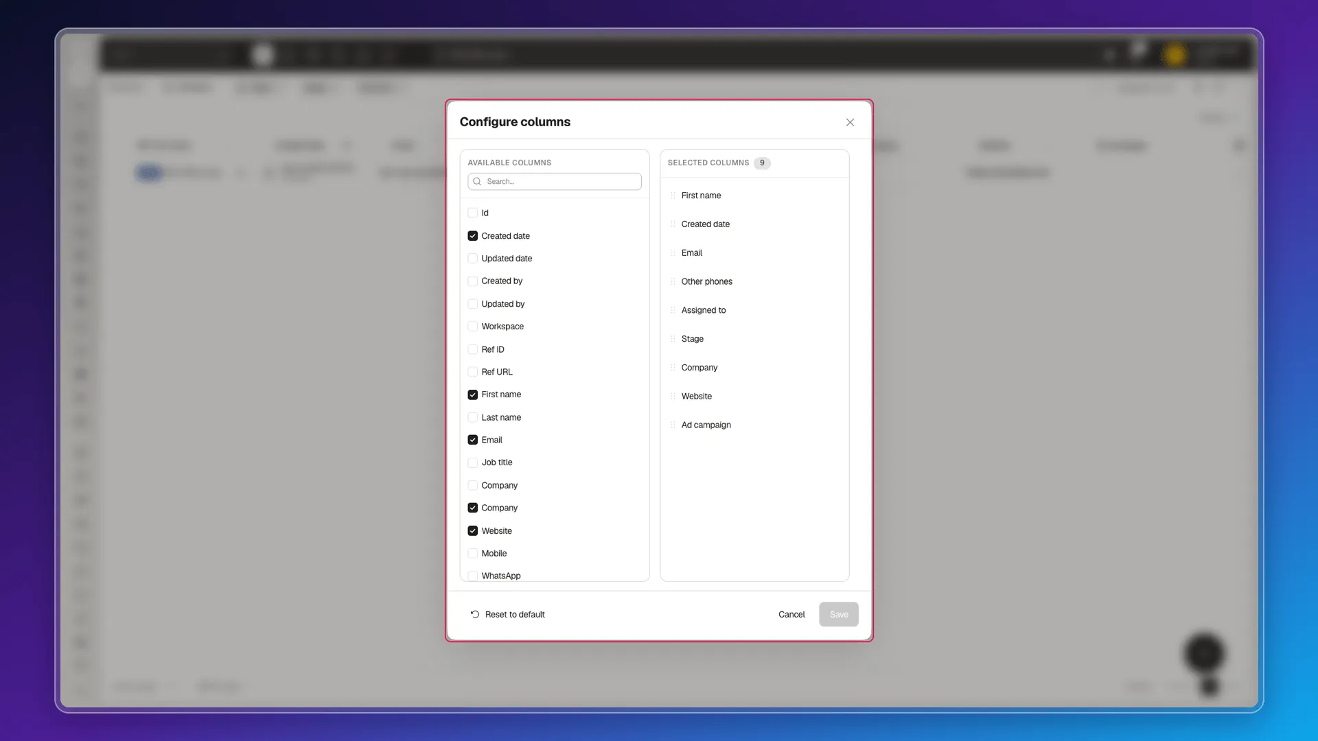 Configure columns dialog with available and selected columns