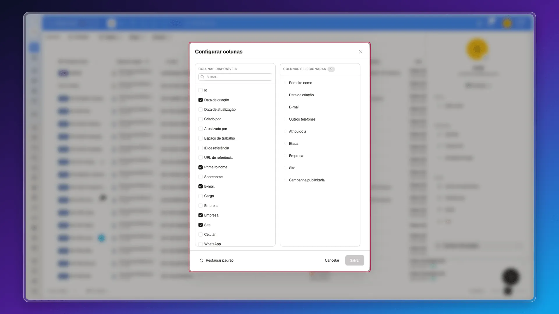 Janela Configurar colunas com colunas disponíveis e selecionadas
