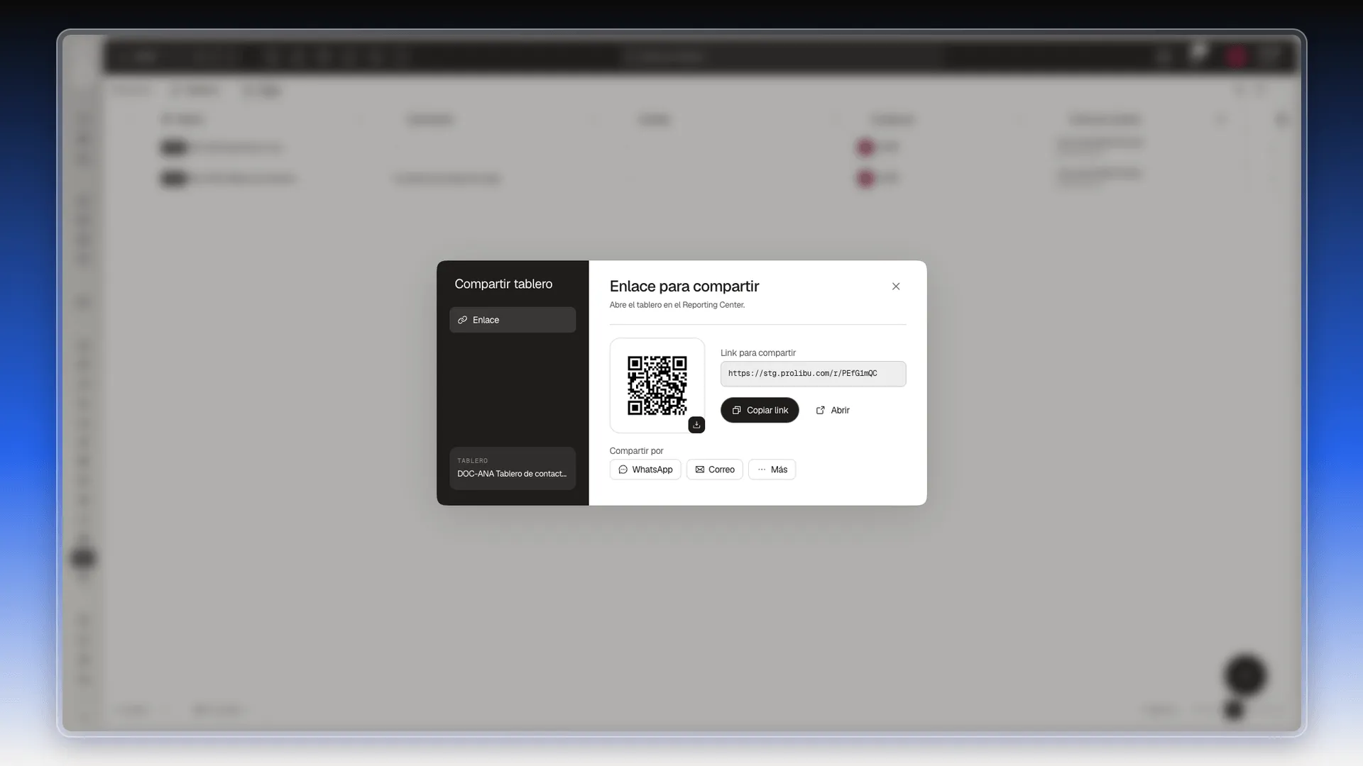 Cuadro Compartir tablero con el código QR, el link para compartir, Copiar link, Abrir y los botones WhatsApp, Correo y Más