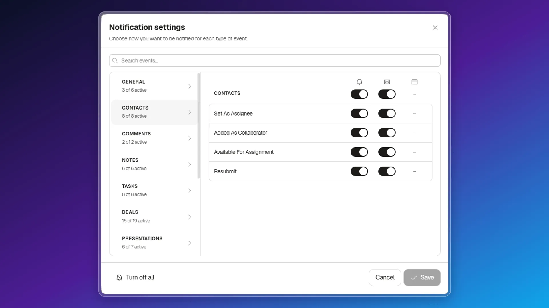 Contacts category with events and In-app and Email notification channels