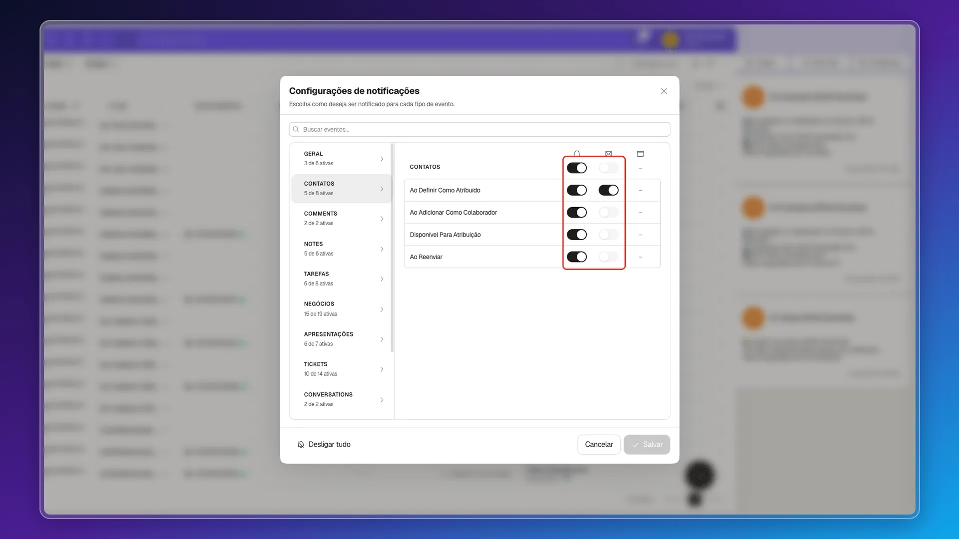 Categoria Contatos com eventos e canais de notificação No app e E-mail
