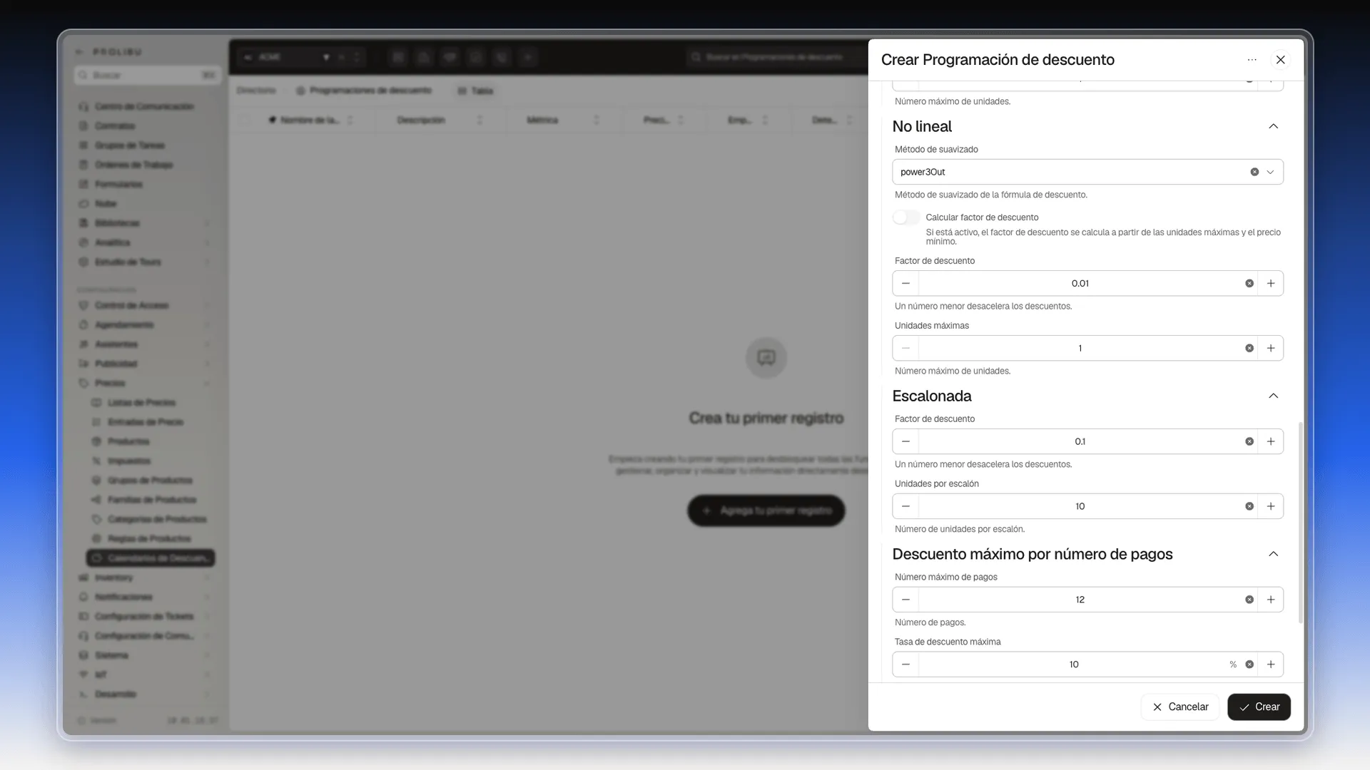 Configuración de la fórmula con los bloques No lineal, Escalonada y Descuento máximo por número de pagos desplegados