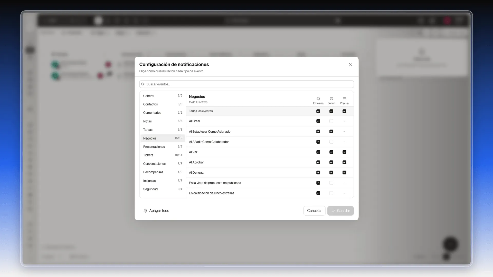 Categoría Negocios con las columnas En la app, Correo y Pop-up y la fila Todos los eventos