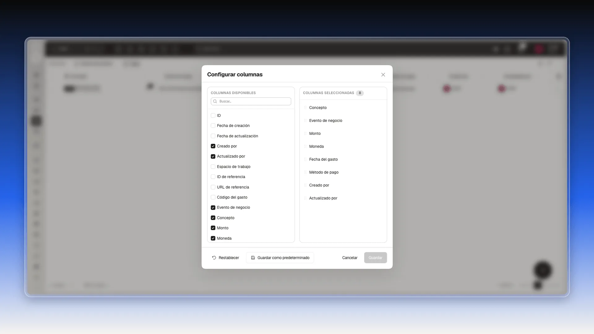 Ventana Configurar columnas de Gastos de eventos con ocho columnas seleccionadas