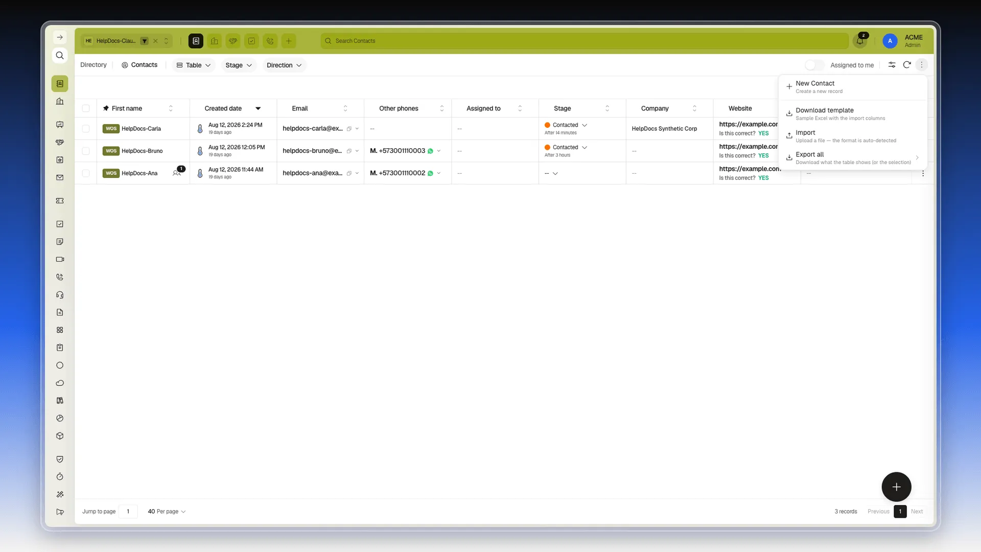 More actions menu open in Contacts with New Contact, template, import, and export options