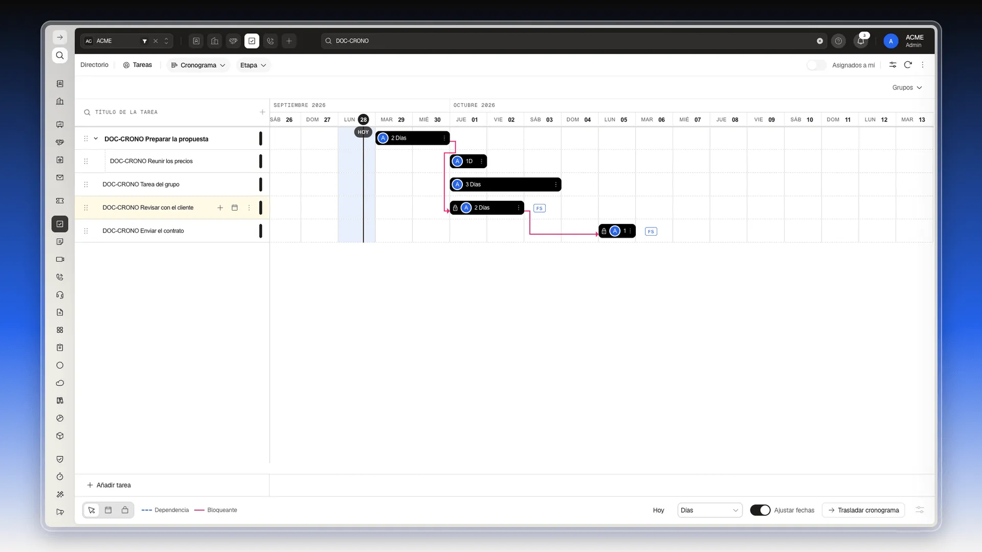 Fila de una tarea con el cursor encima y sus tres controles visibles: más, calendario y tres puntos