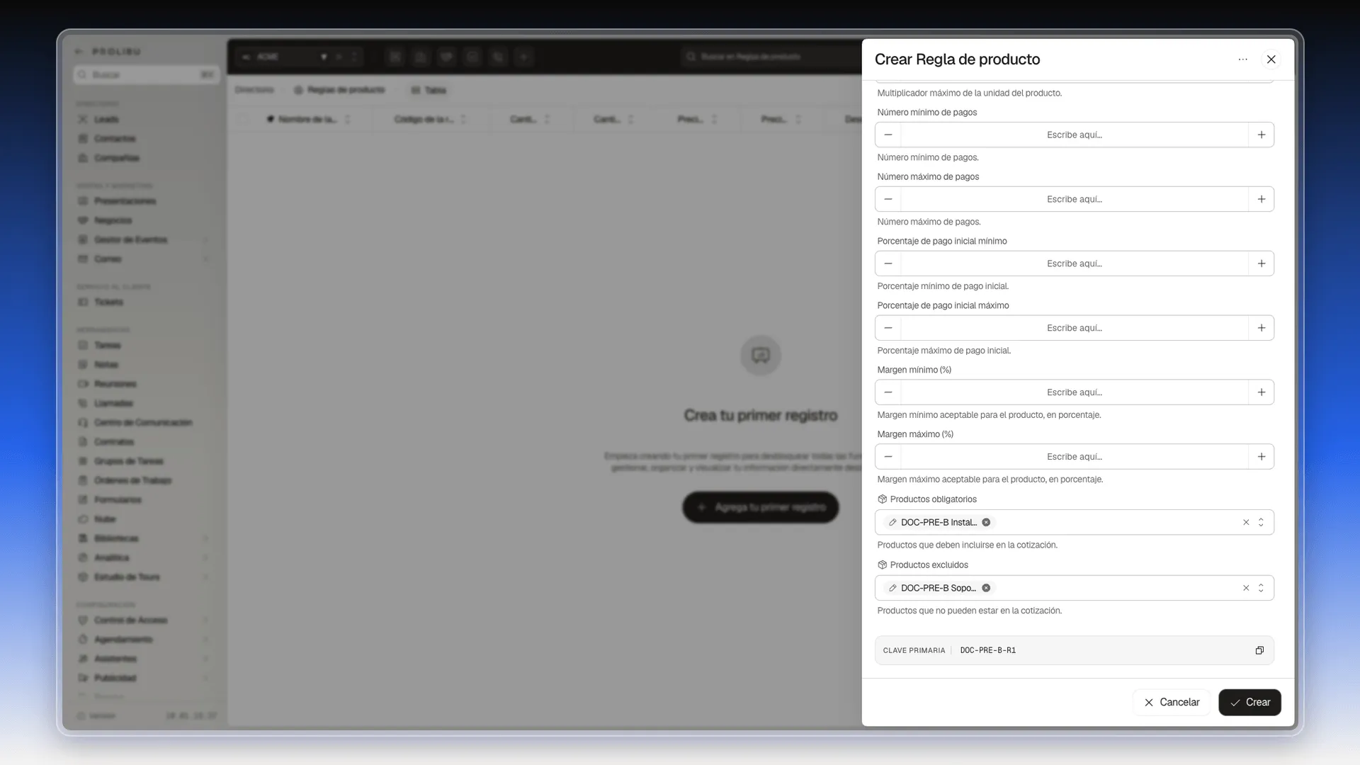 Selectores Productos obligatorios y Productos excluidos de la regla, con un producto en cada uno, y la Clave primaria DOC-PRE-B-R1