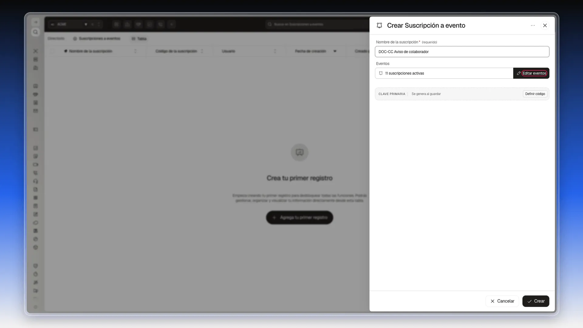 Panel Crear Suscripción a evento con el nombre escrito y el botón Editar eventos resaltado