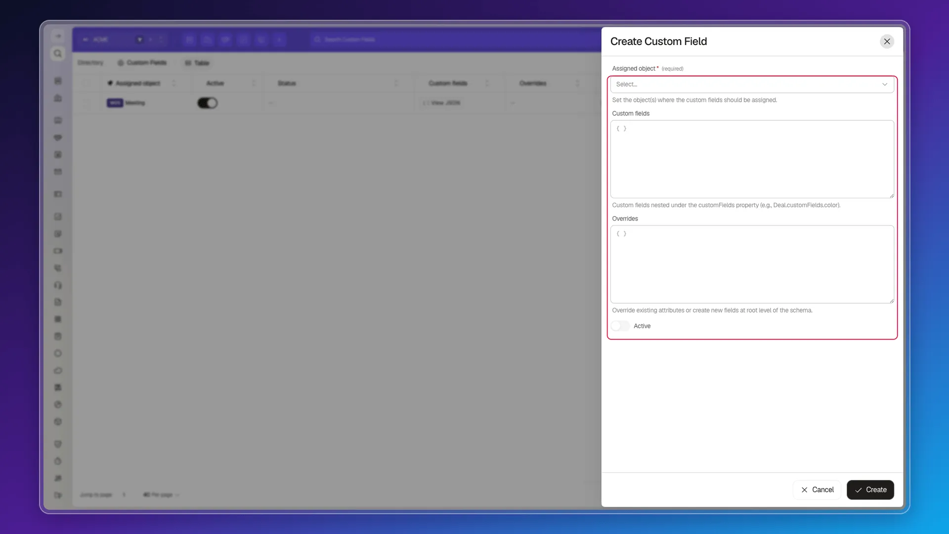 Create Custom Field form as it opens: Assigned object on Select… and both JSON boxes empty