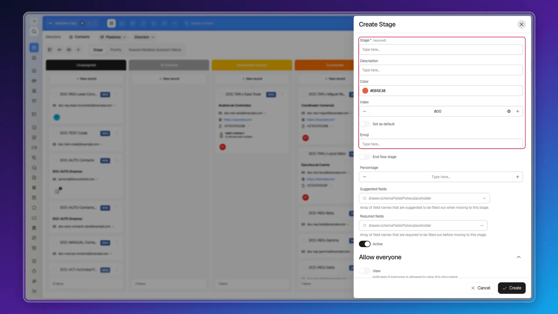 Create Stage panel with the first fields — Stage, Description, Color, Index, Set as default, and Emoji