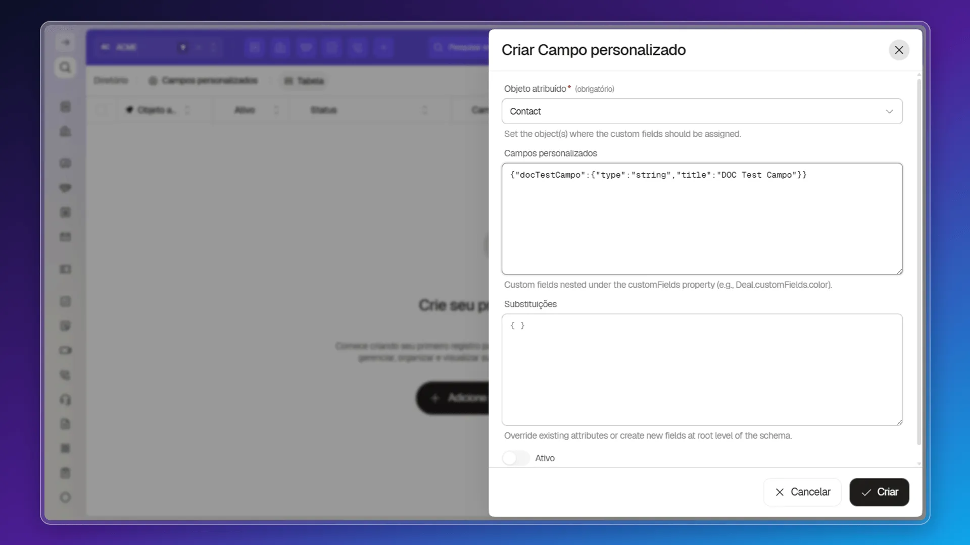 Formulário Criar Campo personalizado com um objeto escolhido e um JSON Schema de exemplo na caixa Campos personalizados