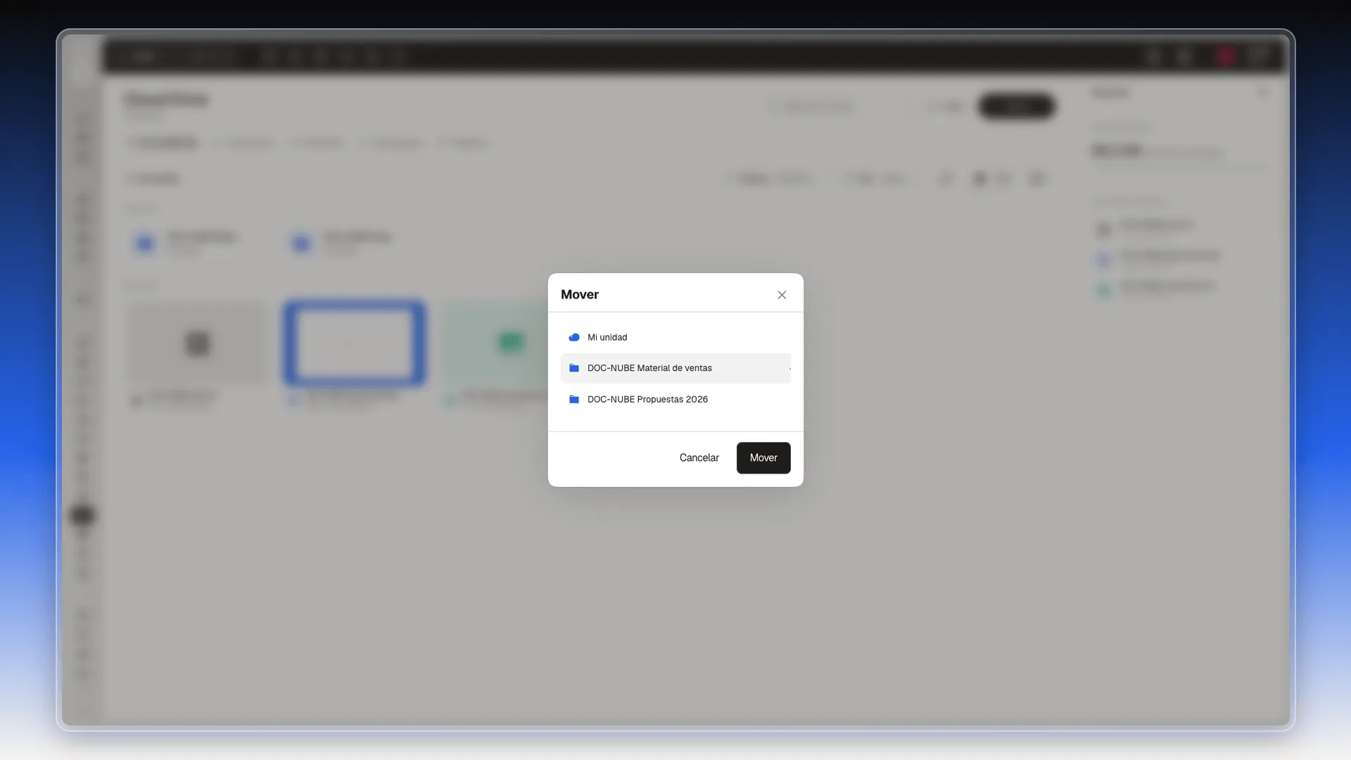 Cuadro Mover con Mi unidad y dos carpetas como destinos, y DOC-NUBE Material de ventas elegida