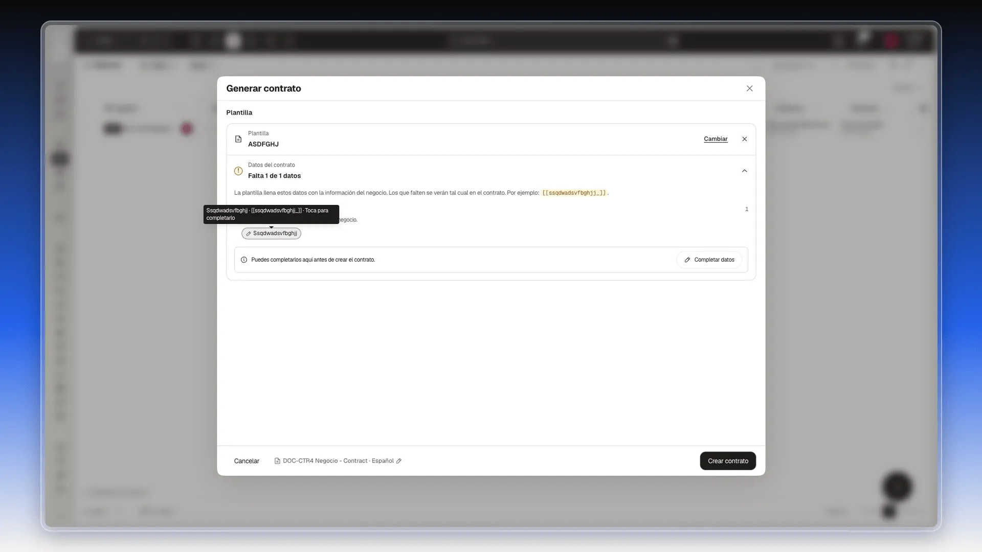 Bloque Datos del contrato con el aviso Falta 1 de 1 datos y el botón Completar datos