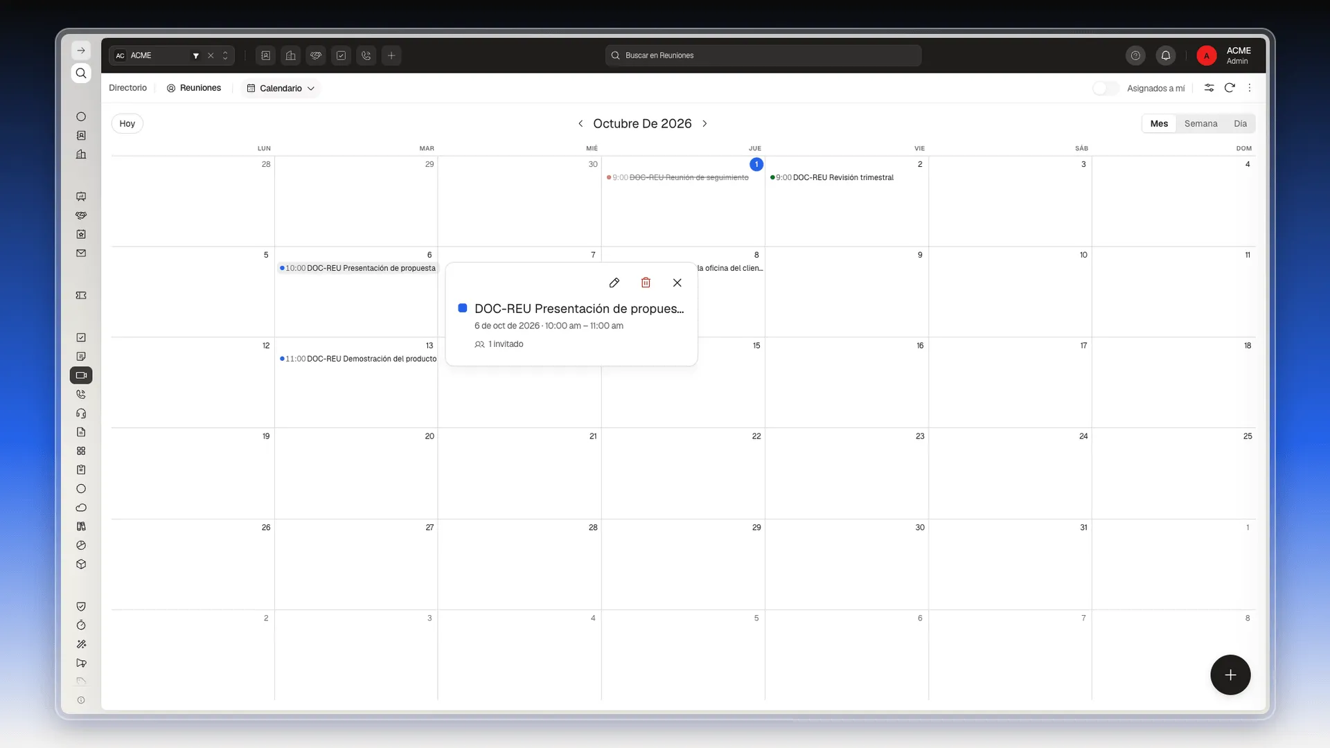 Tarjeta de una reunión con su título, fecha, horario y un invitado, y los iconos de editar y eliminar