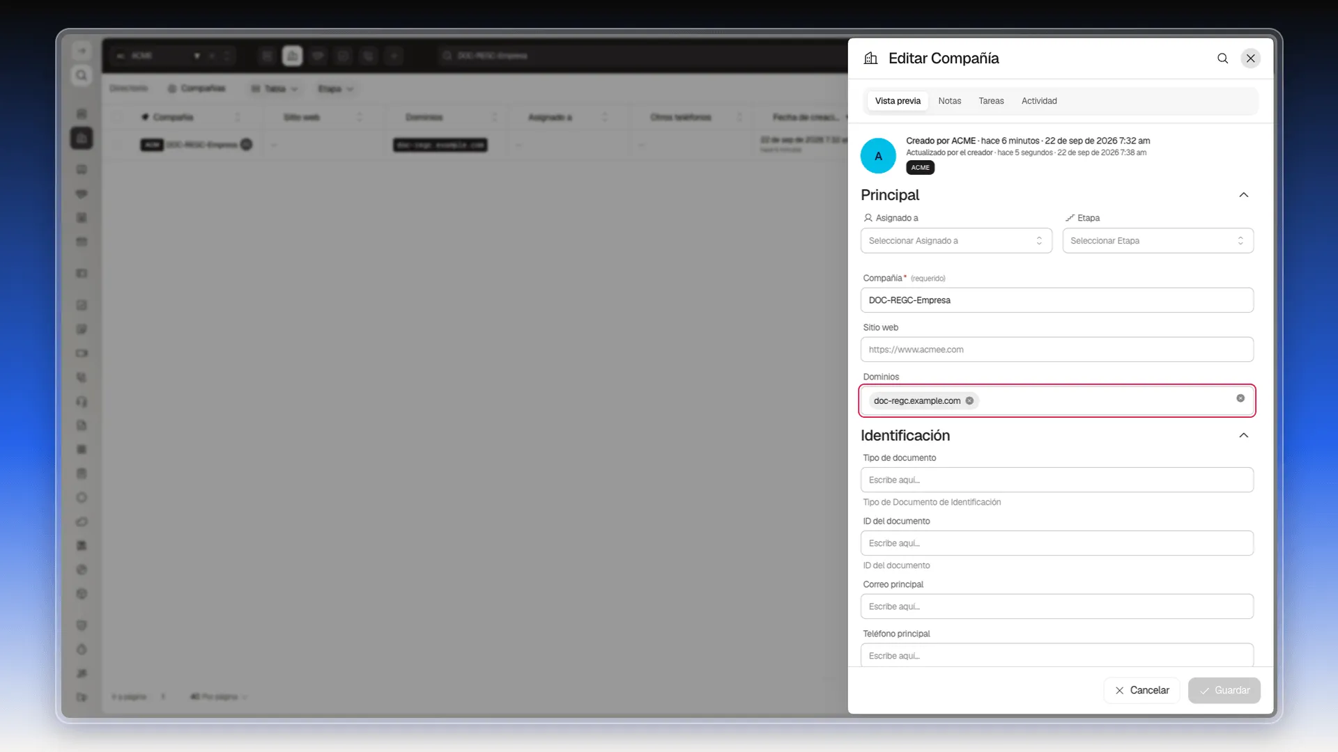 Campo Dominios de una compañía con el dominio "doc-regc.example.com" agregado como chip