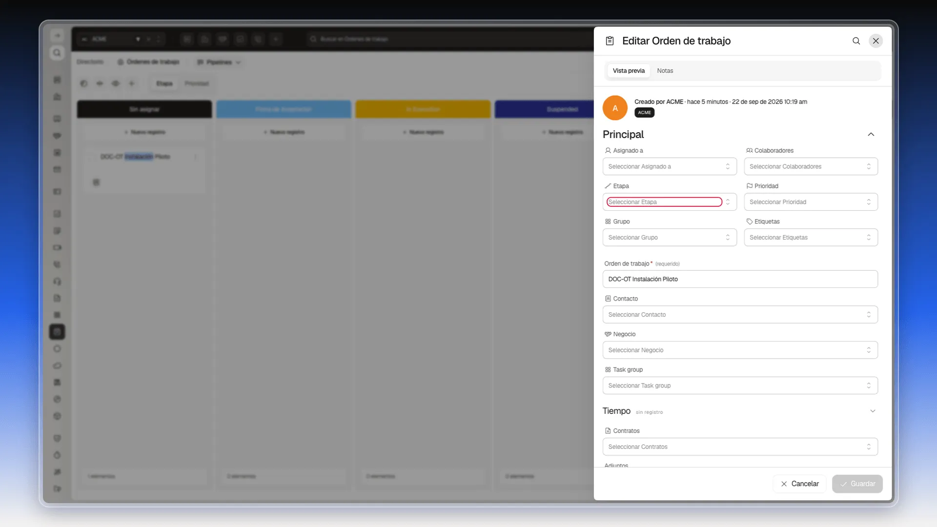 Panel Editar Orden de trabajo con el campo Etapa resaltado