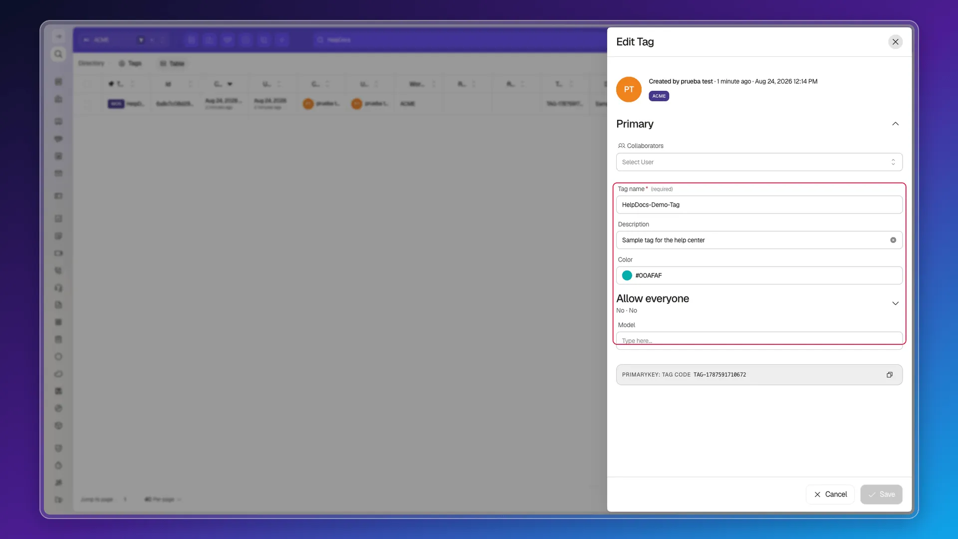 Edit Tag panel with the Tag name, Description, Color as a hex value, and Model fields