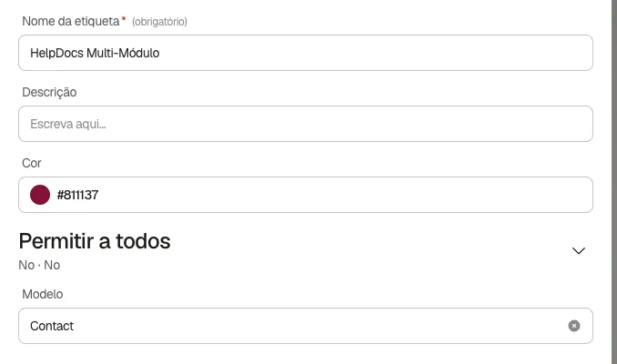 Painel Editar Etiqueta com os campos Nome da etiqueta, Descrição, Cor em hexadecimal e Modelo
