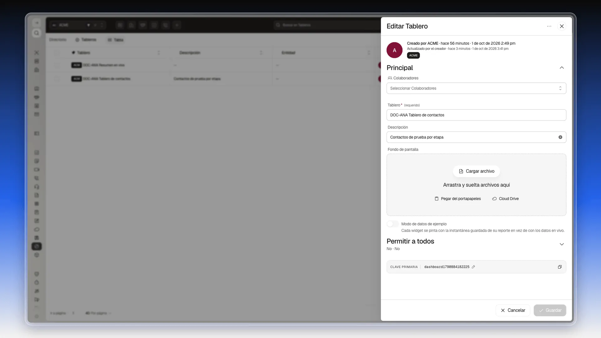 Panel Editar Tablero con el nombre DOC-ANA Tablero de contactos, la descripción, el fondo de pantalla y la clave primaria
