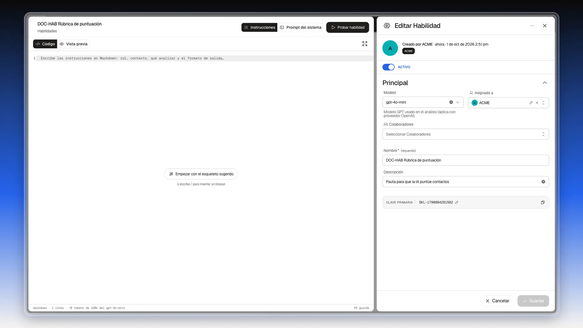 Editor de una habilidad recién creada, con el área de instrucciones vacía y el panel Editar Habilidad con sus valores iniciales