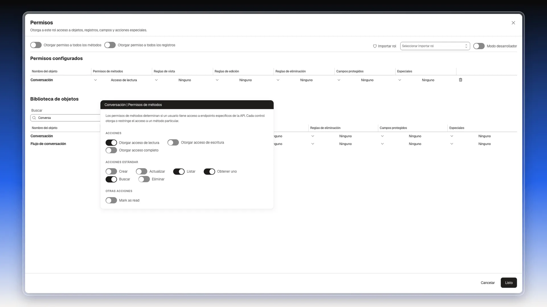 Editor Permisos con la ventana Conversación | Permisos de métodos abierta, Otorgar acceso de lectura activado y Conversación ya en Permisos configurados