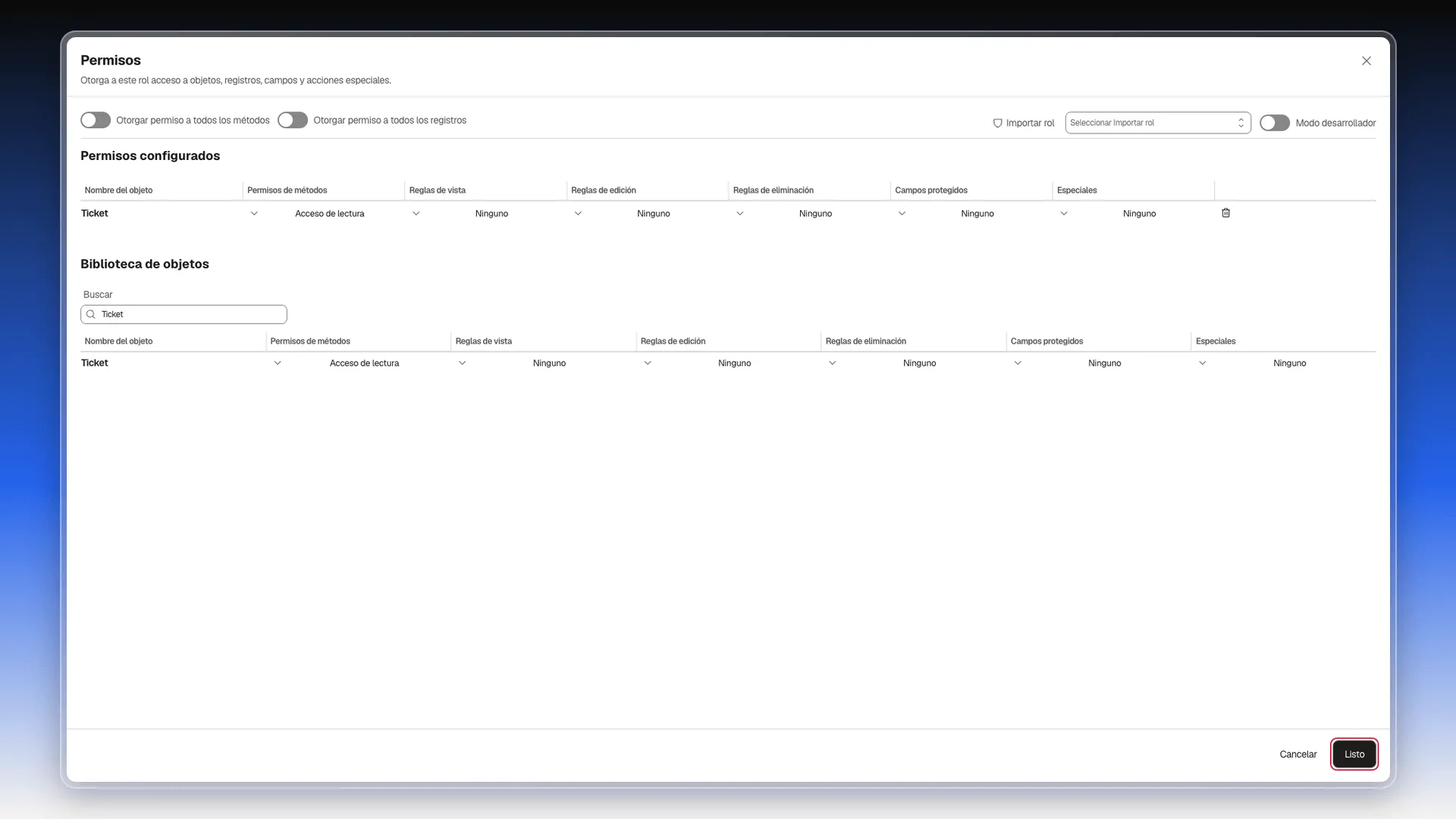 Editor Permisos con Ticket en Permisos configurados con Acceso de lectura y el botón Listo resaltado