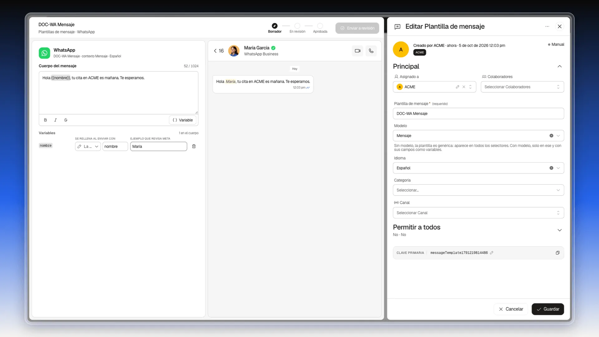 Editor de WhatsApp con el cuerpo del mensaje, la variable nombre y la vista previa