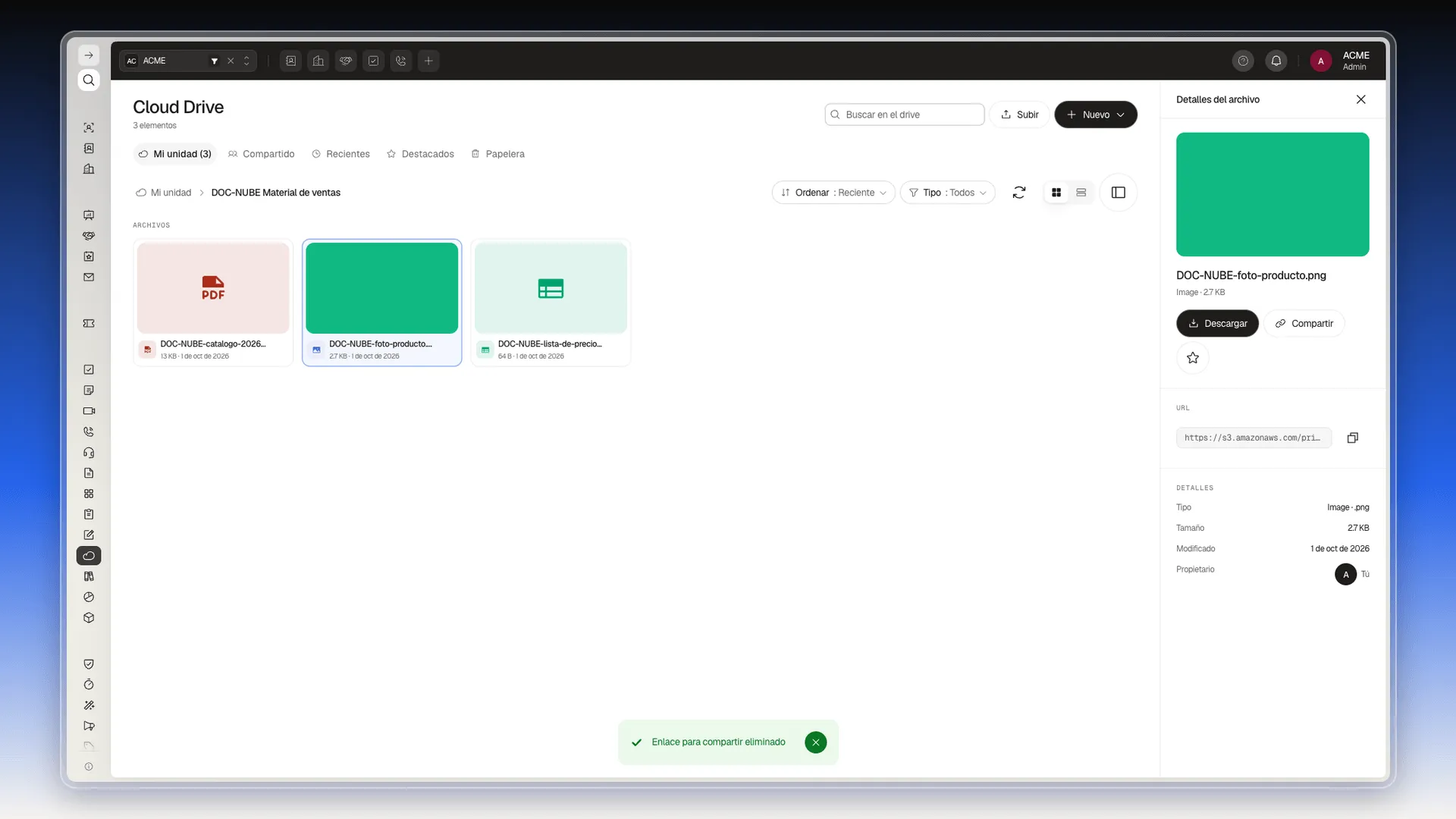 Archivos de una carpeta con el aviso Enlace para compartir eliminado abajo