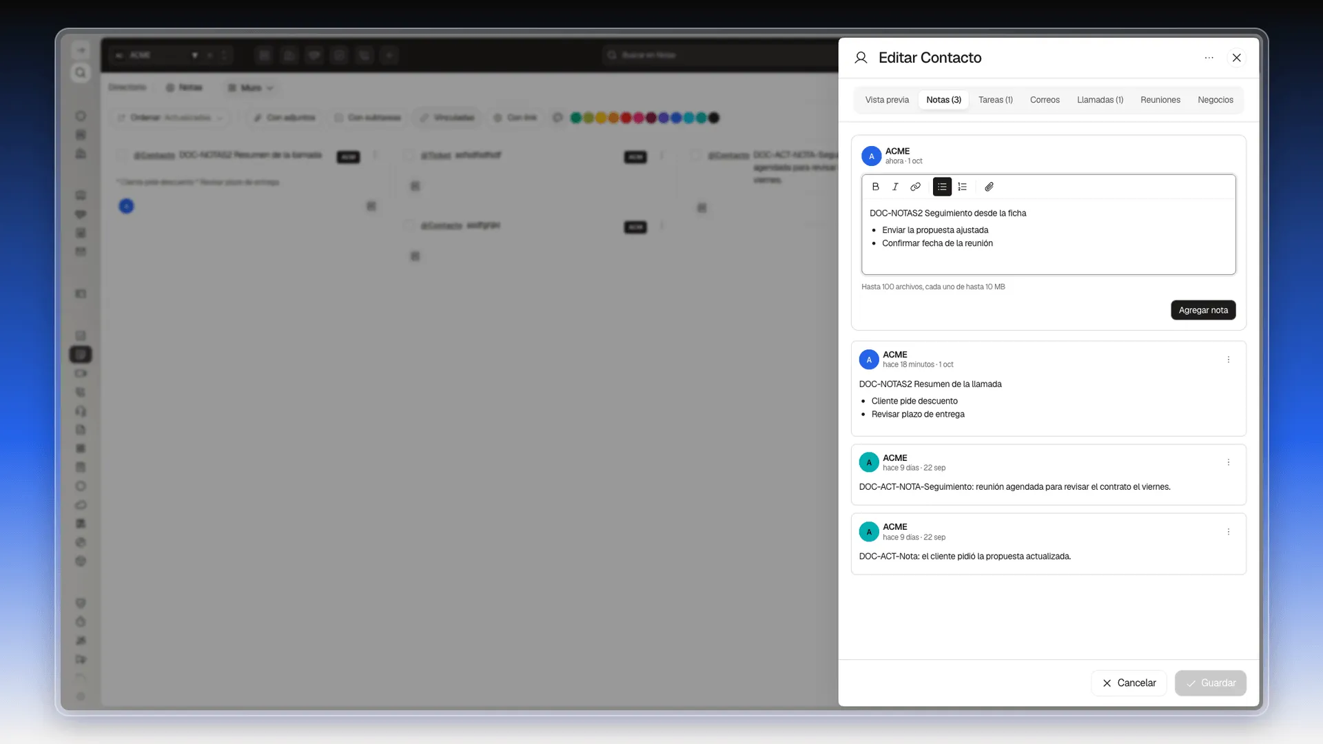 Editor de la pestaña Notas con un título y una lista de dos viñetas, y el botón Agregar nota activo