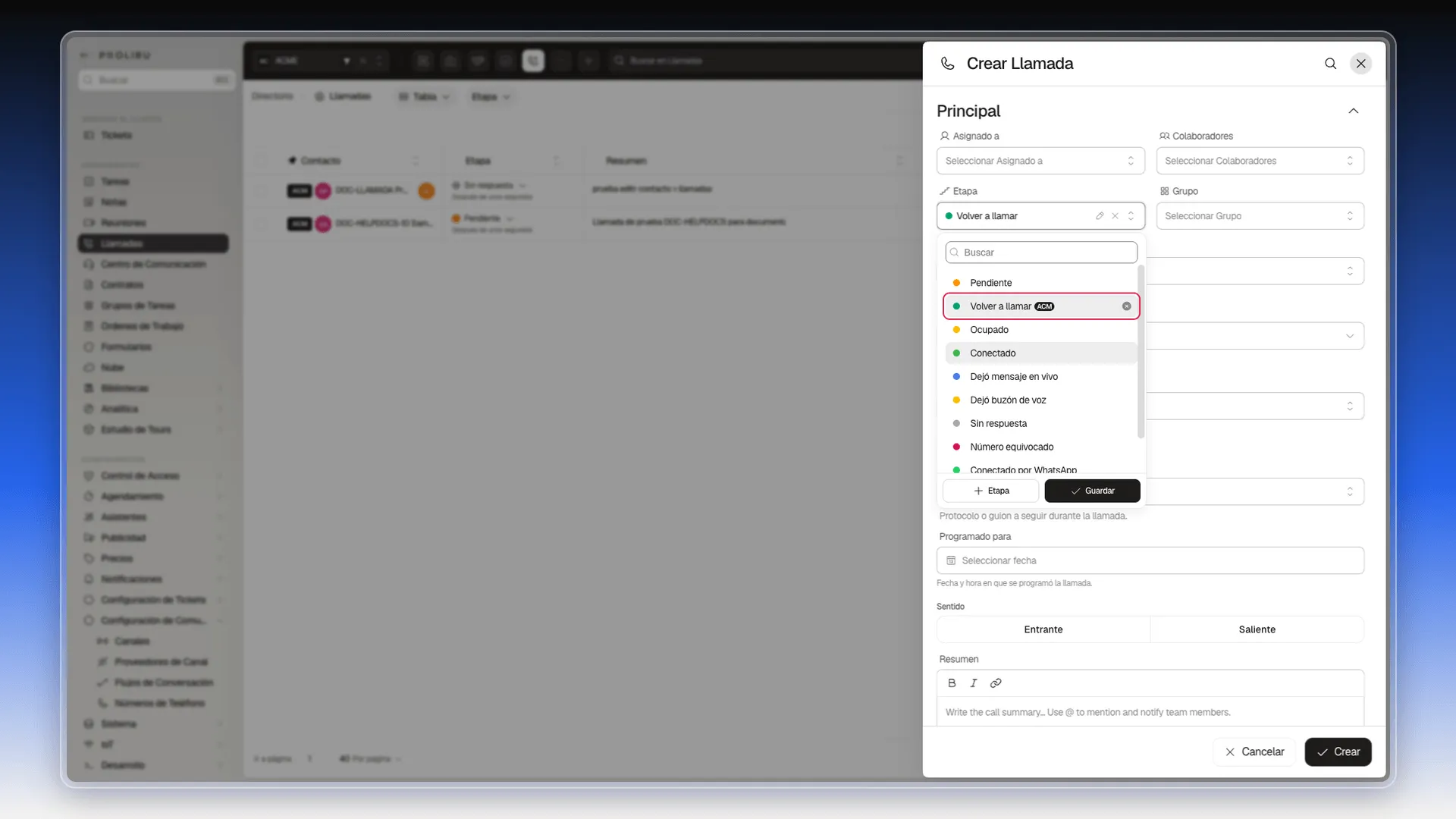 Desplegable de etapas de una llamada con la etapa nueva marcada dentro de la lista