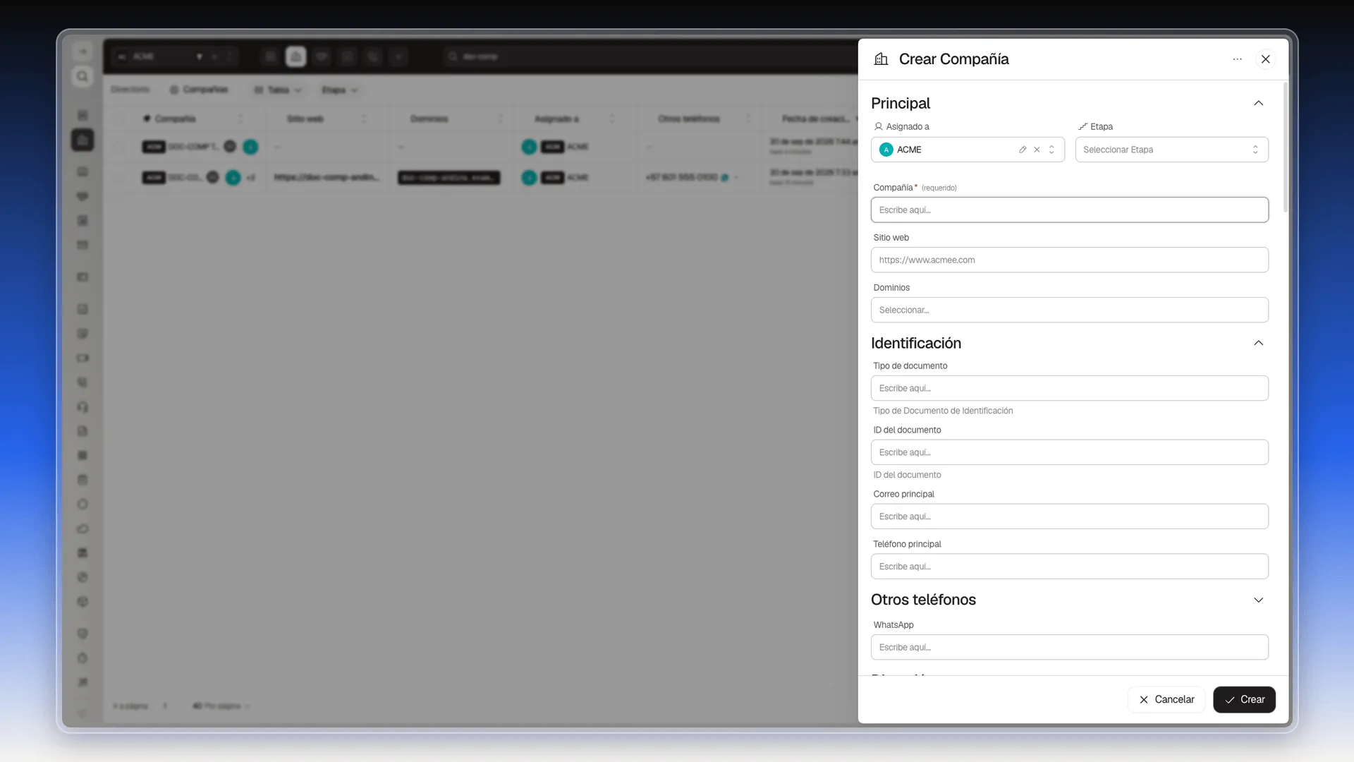 Panel Crear Compañía con las secciones Principal e Identificación