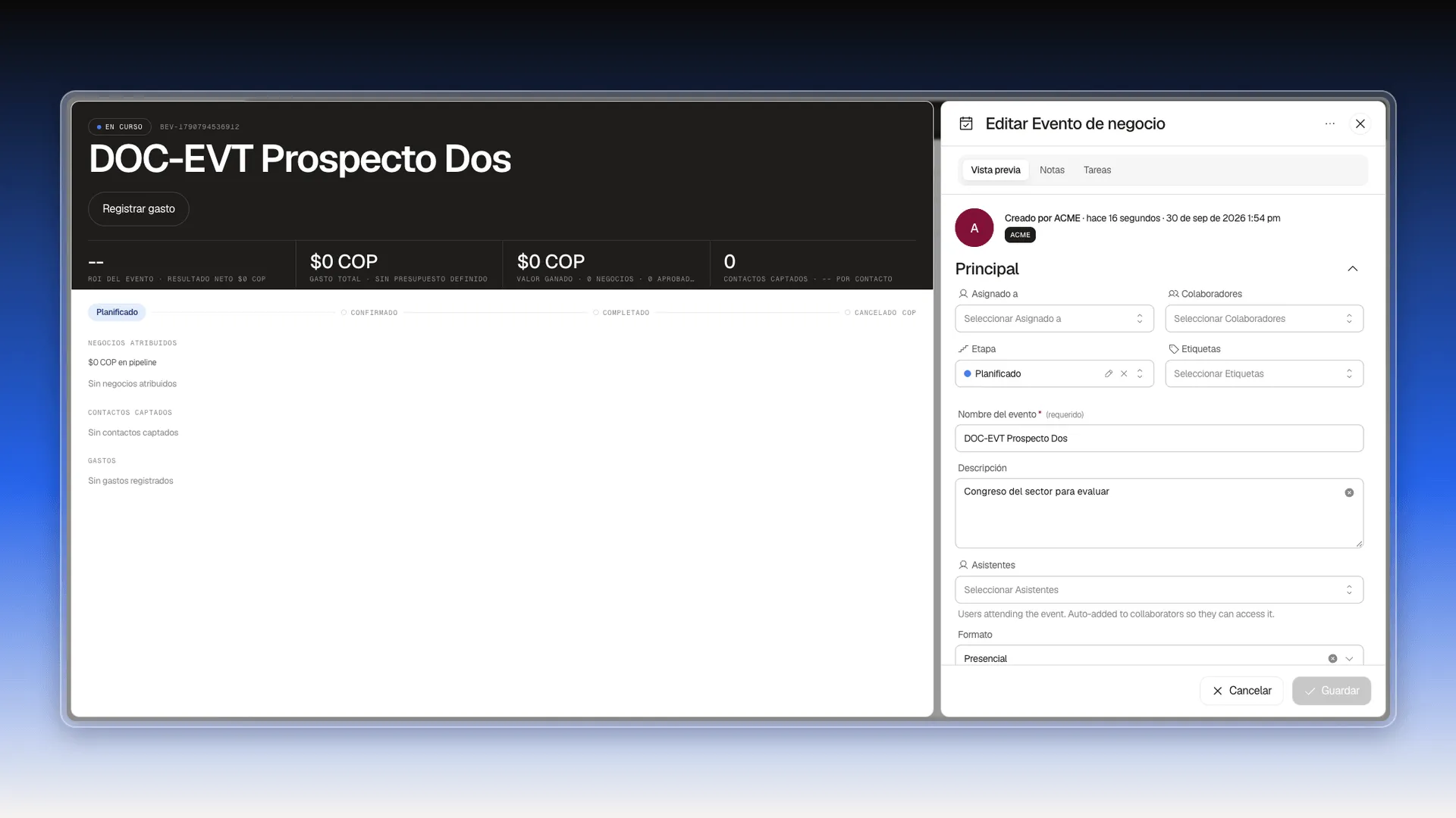 Ficha del evento de negocio creado desde un prospecto, con la descripción y el formato Presencial copiados