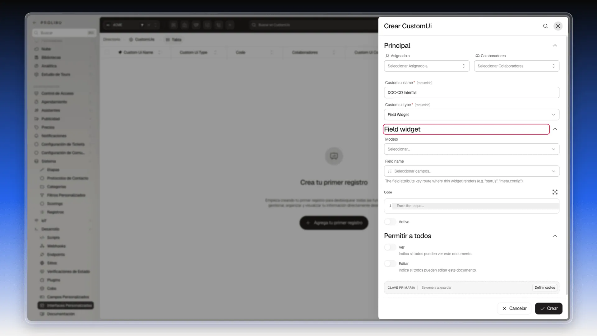 Panel Crear CustomUi con el tipo Field Widget y la sección Field widget resaltada, con los campos Modelo y Field name