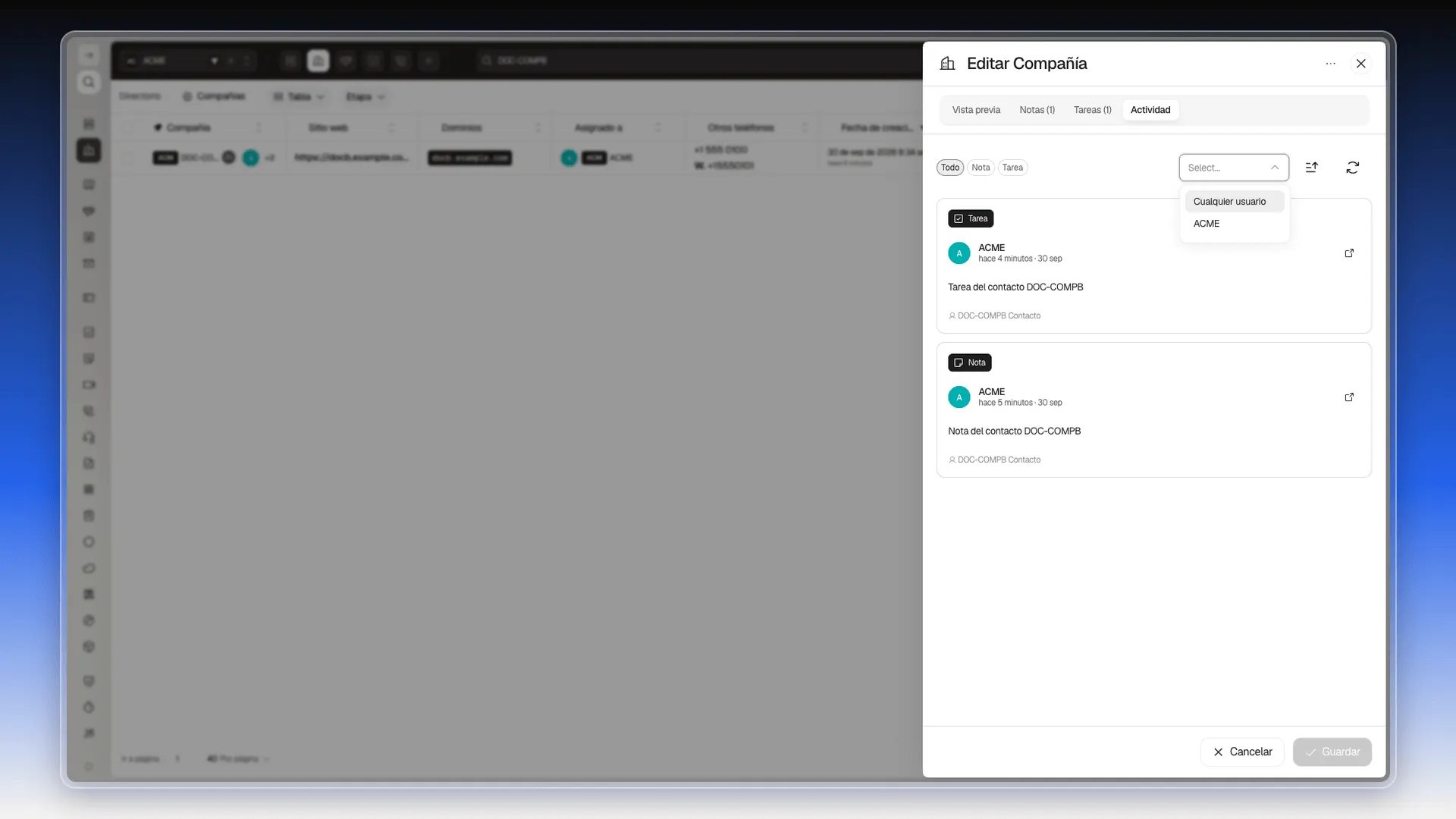 Selector de usuario abierto en la pestaña Actividad con las opciones Cualquier usuario y ACME
