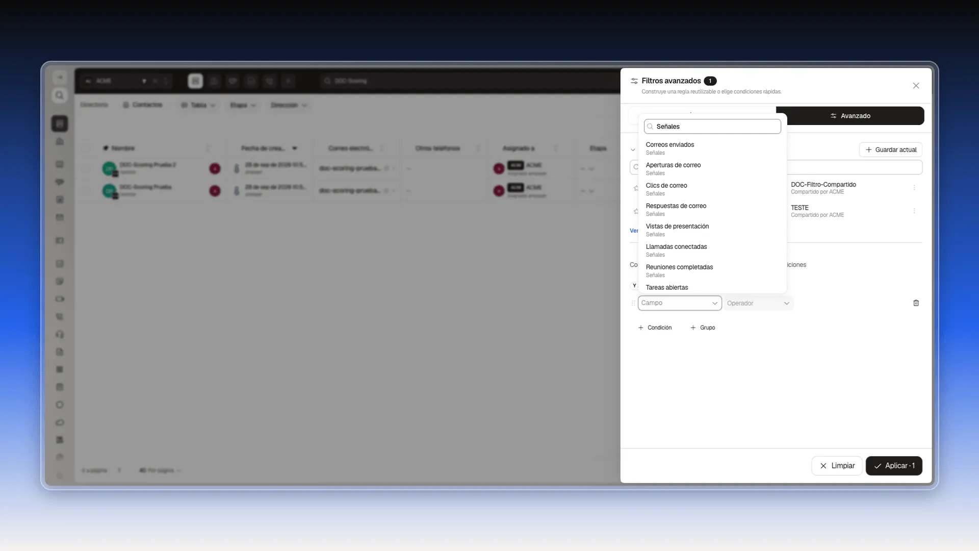 Filtros avanzados con el selector de campo buscando Señales y la lista de contadores