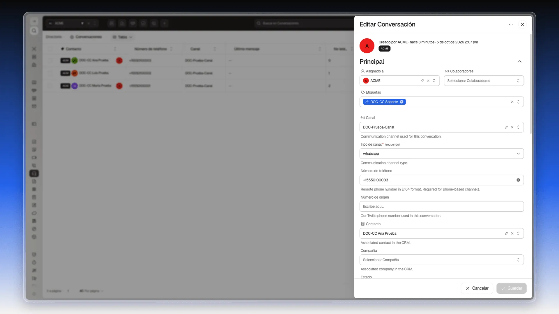 Formulario Editar Conversación con Canal, Tipo de canal, Número de teléfono y Contacto