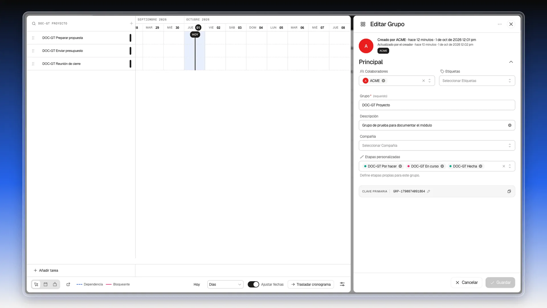 Panel del grupo con tres etapas personalizadas elegidas, cada una con su color