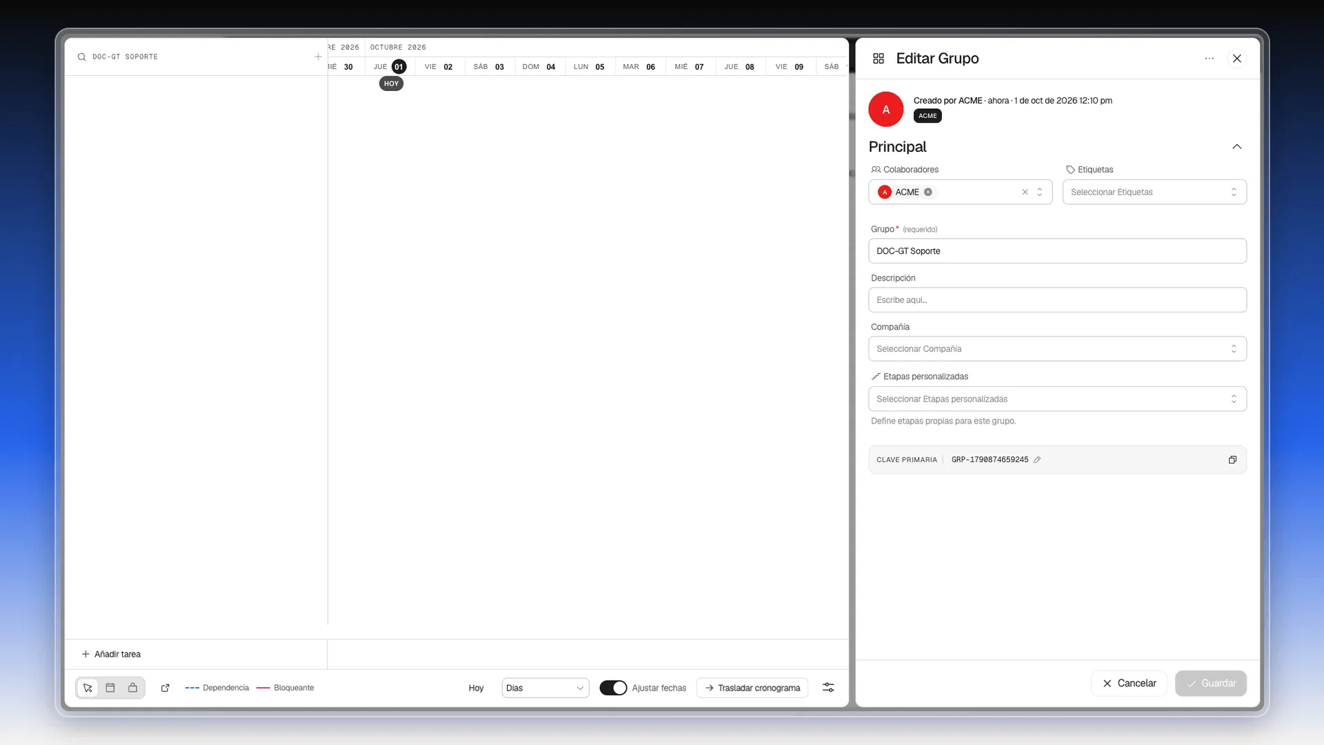 Panel Editar Grupo de un grupo recién creado, con el cronograma vacío a la izquierda