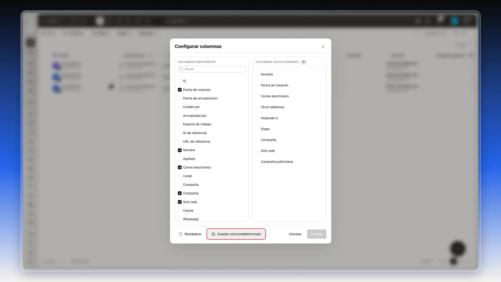 Cuadro Configurar columnas con el botón Guardar como predeterminado resaltado junto a Restablecer