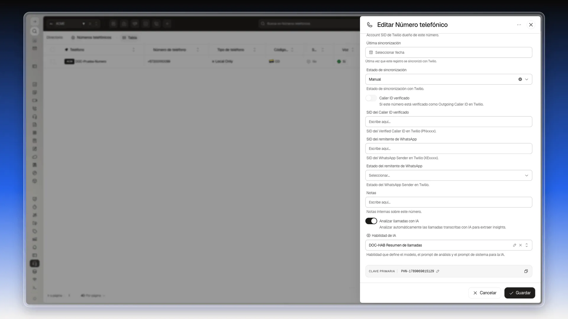 Campo Habilidad de IA con la habilidad DOC-HAB Resumen de llamadas elegida y Analizar llamadas con IA encendido