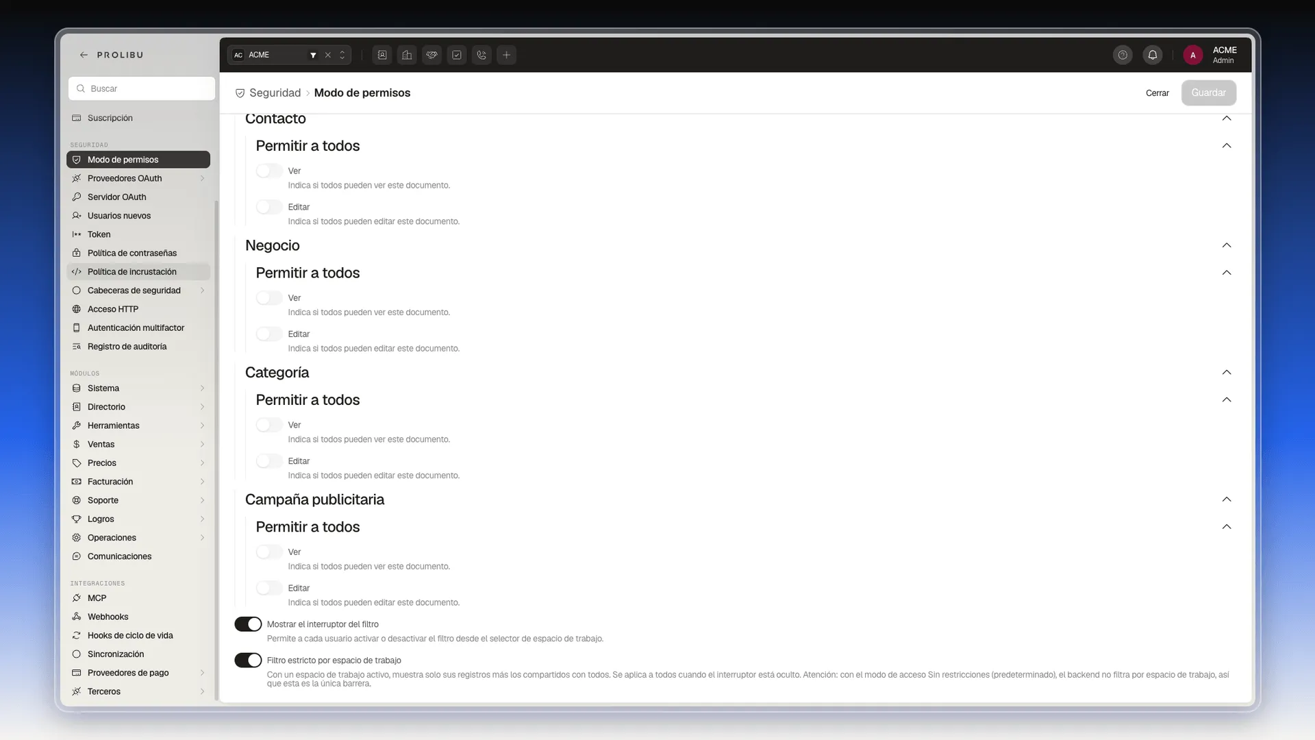 Pantalla Modo de permisos desplazada hasta el final, con los interruptores Mostrar el interruptor del filtro y Filtro estricto por espacio de trabajo encendidos