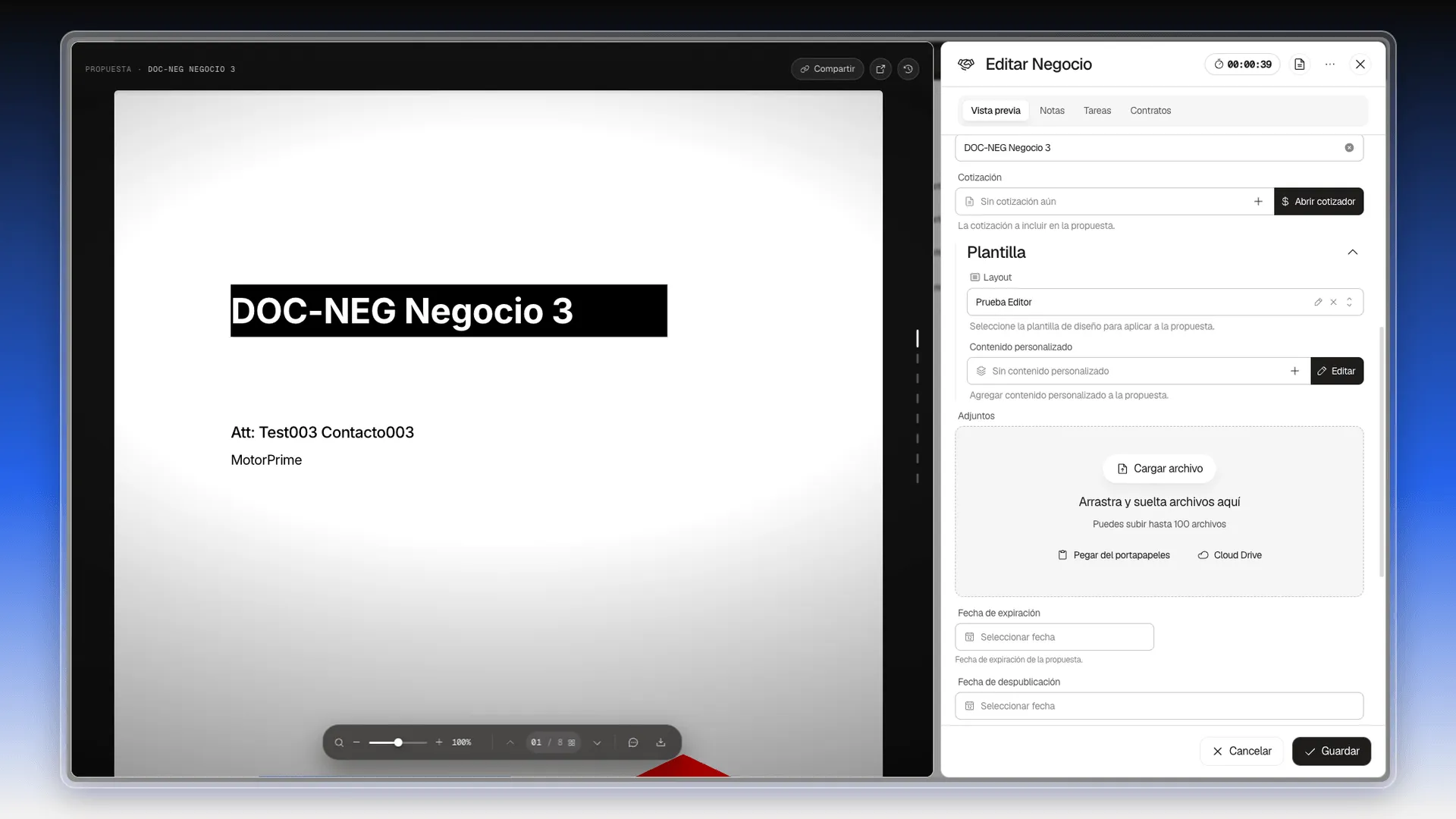 Ficha del negocio con el layout Prueba Editor aplicado y la vista previa mostrando el título DOC-NEG Negocio 3 y el contacto Test003 Contacto003