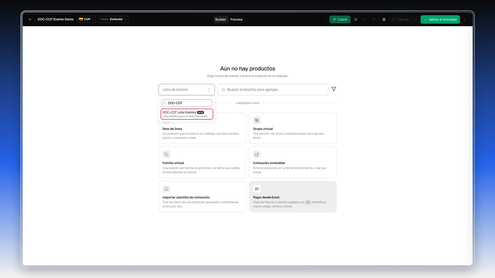 Selector Lista de precios desplegado, con la lista DOC-COT Lista Eventos resaltada